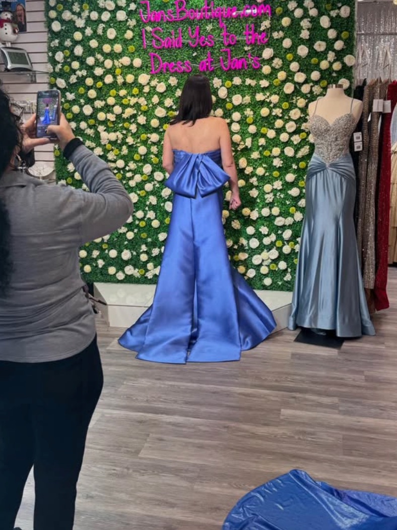 Blue Strapless Bow-Back Satin Wedding Dress